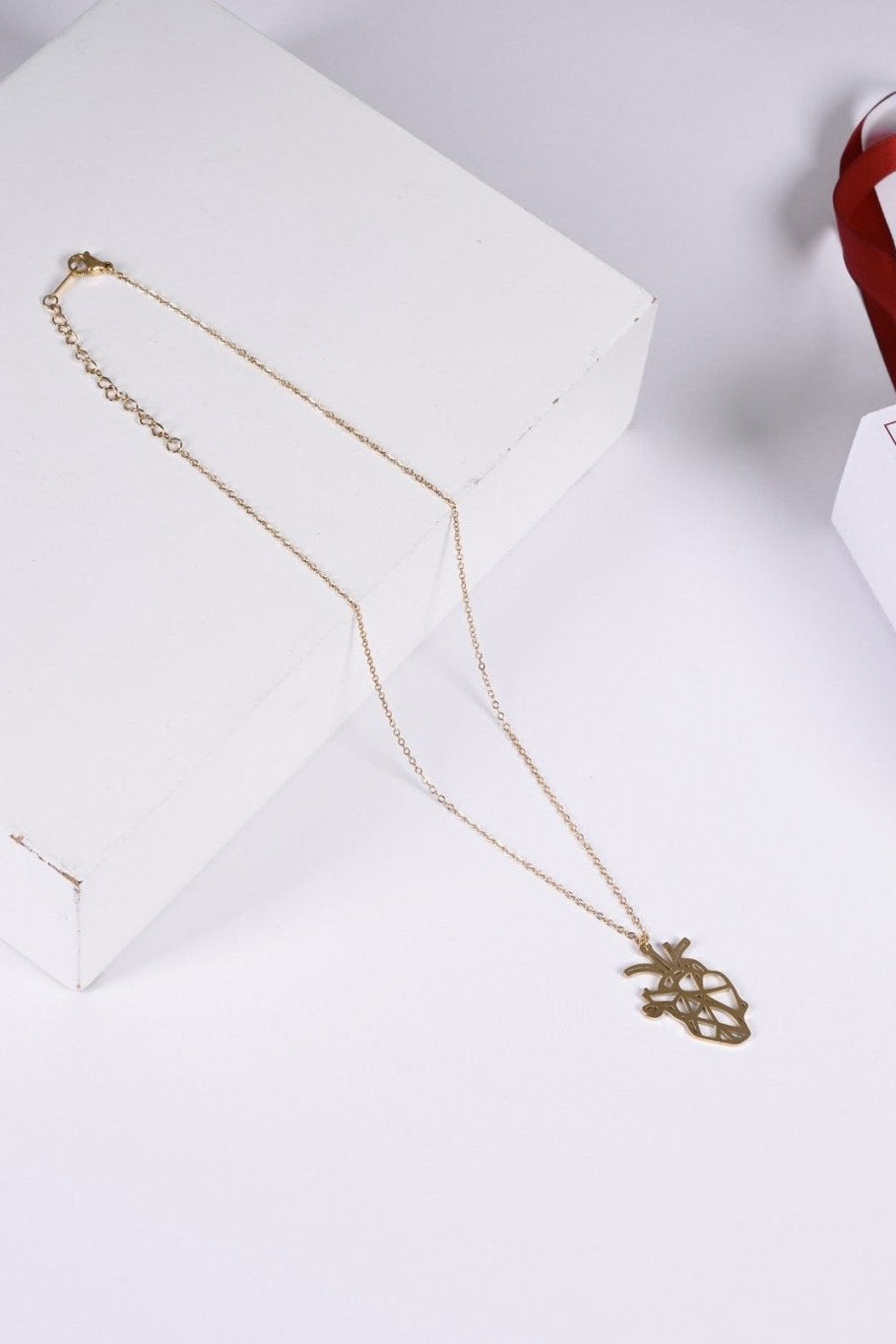 Gold anatomical heart pendant with BALTO box and bag