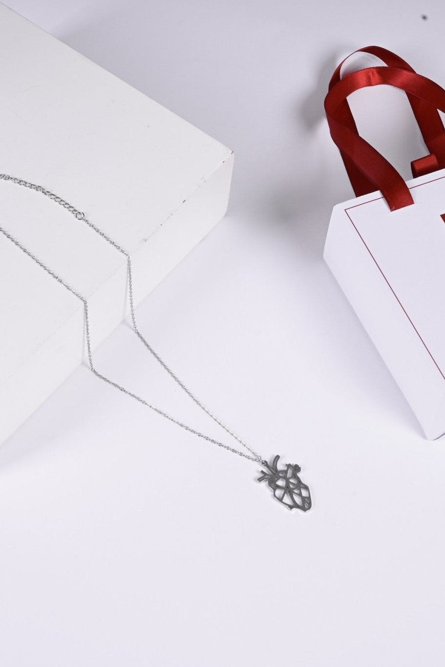 Silver anatomical heart pendant with BALTO box and bag