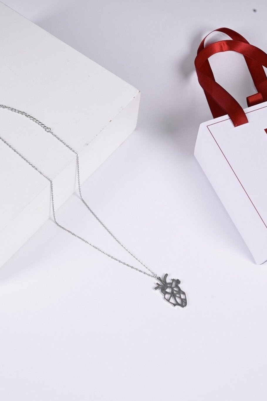 Silver anatomical heart pendant with BALTO box and bag